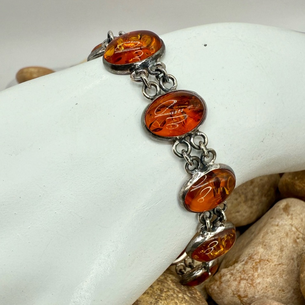 Sterling Silver Genuine Amber Cabochon Link Bracelet 7” Artisan Vintage Style
